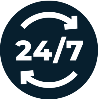 24/7 service icon with circular arrows.