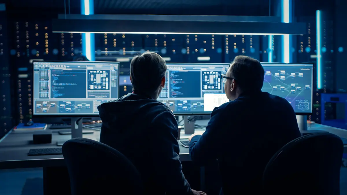 Two people working at computer screens.